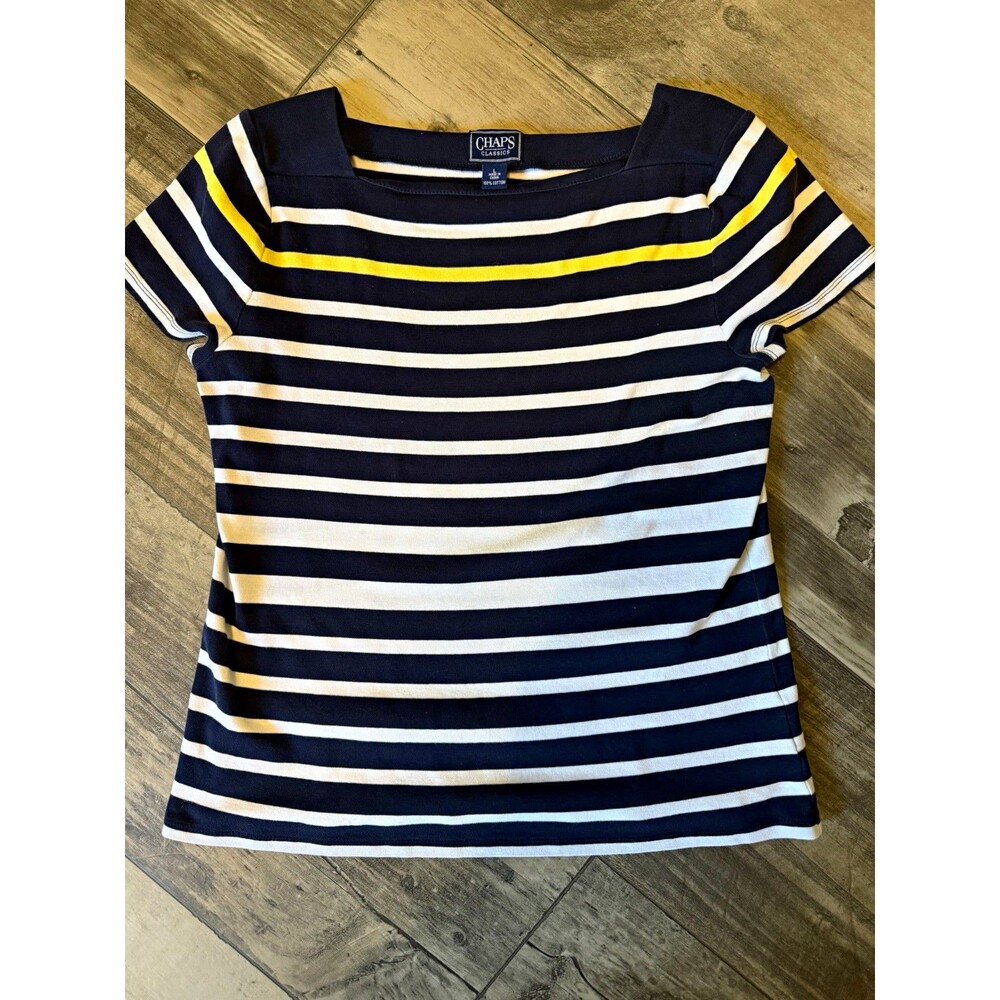 Chaps Navy Blue White Striped Boat Neck T Shirt Top Nautical Coastal Preppy L